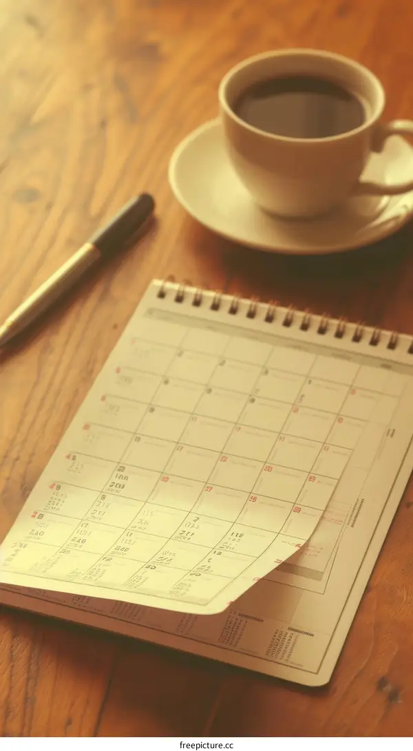 A desk with a cup of coffee, a pen, and an open notebook