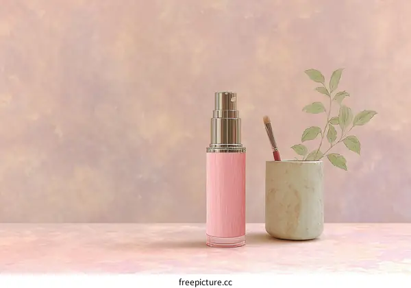 Pink Cosmetic Bottle and Brush on Pastel Background
