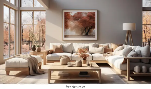 Modern living room interior with large windows and a comfortable sofa