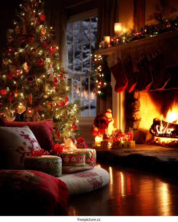 Cozy Christmas Living Room with Decorated Christmas Tree