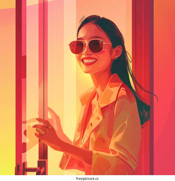 Smiling woman wearing sunglasses standing in front of a door