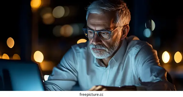 Senior Man Working on Laptop at Night