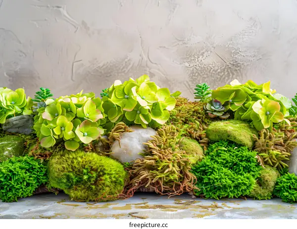 Green Moss, Succulents And Stone Decor