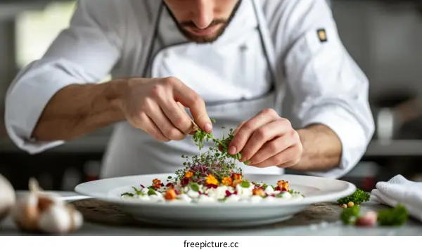 Chef carefully adding garnish to a plate of food