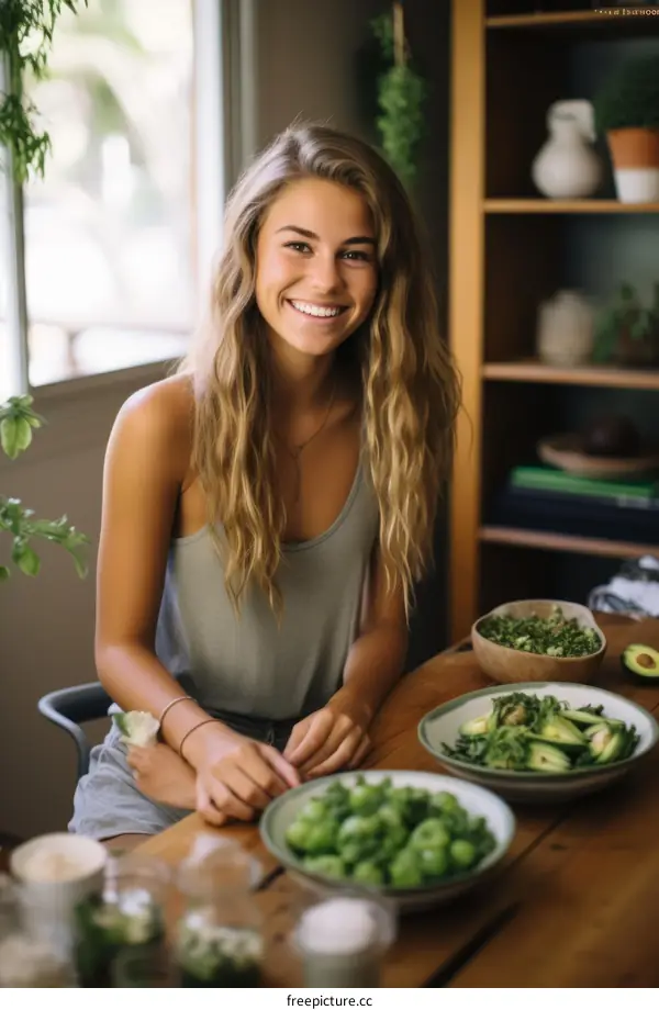 Portrait of a young blonde woman sitting at a table with healthy food