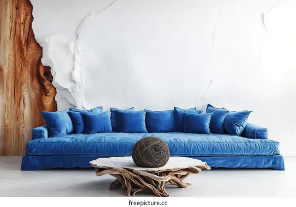 Modern Living Room Decor with Blue Sofa and Wooden Wall