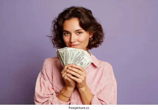 Woman Holding Money Smiling Against Purple Background