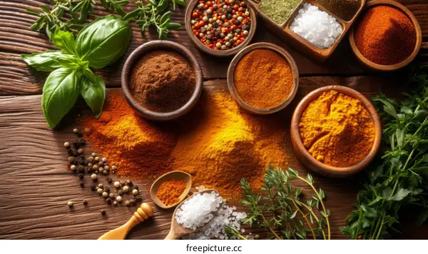 A variety of spices and herbs on a wooden table