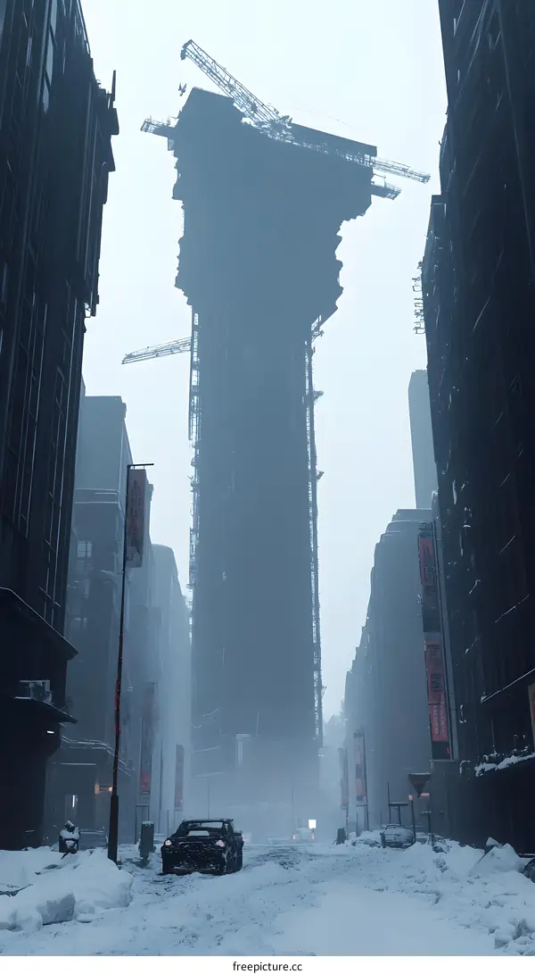 Snowy Street With A Tall Building Under Construction
