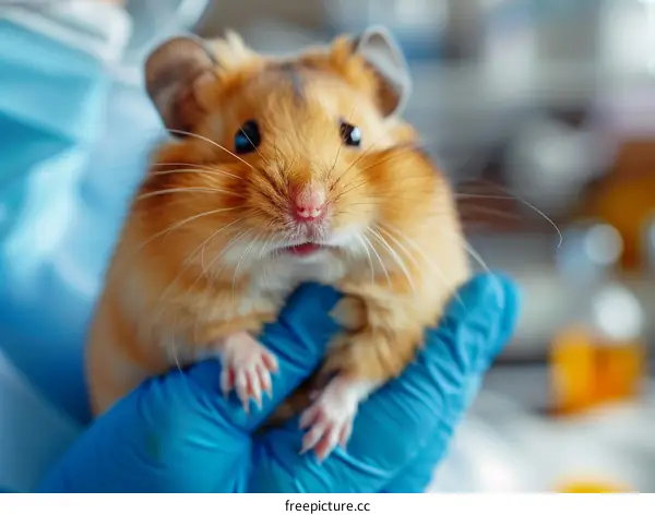 Glove-wearing researcher holds up a brown hamster