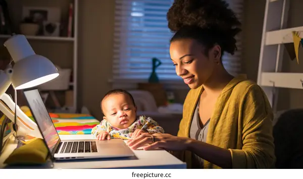 Young mother working at home with her baby
