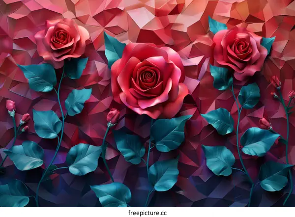 Vibrant Red Roses with Azure Foliage on a Fuchsia Background