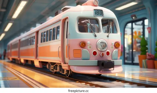 A pink and blue train is in a station.