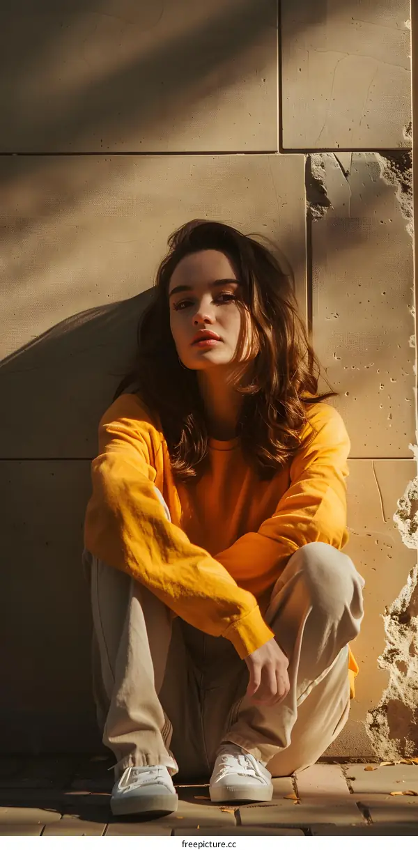 Young Woman Sitting Against Wall in Yellow Shirt