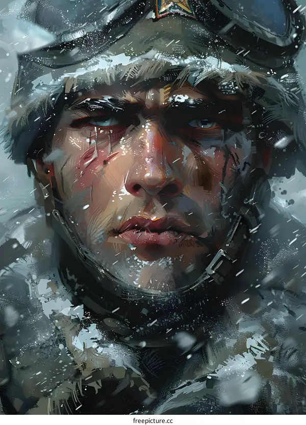 Portrait of a soldier in the snow