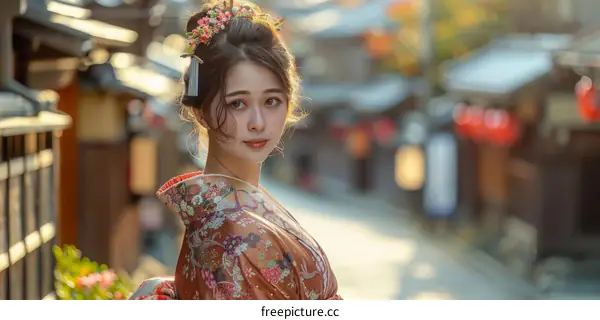 Portrait of a beautiful Japanese woman in traditional kimono