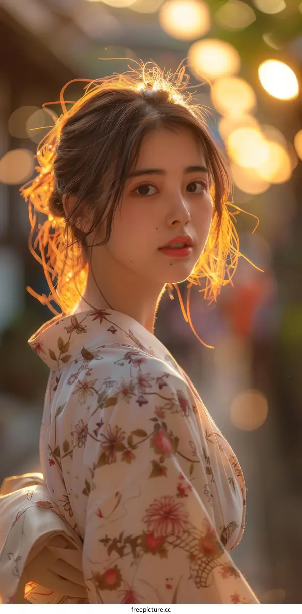 Asian Woman in Traditional Japanese Kimono in Golden Light