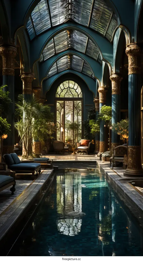 Indoor swimming pool with green plants and blue columns