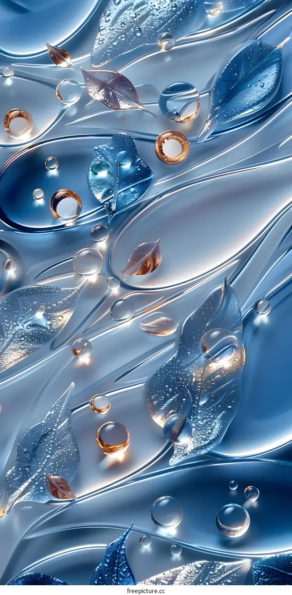 Blue and gold abstract leaves and spheres