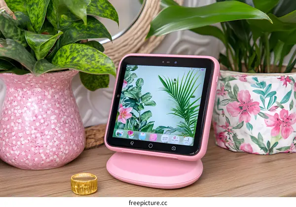 Pink Tablet Stand with Tropical Leaves Wallpaper