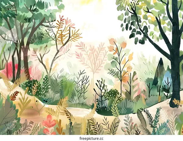 Watercolor Illustration of a Forest with Green Trees and Sunlight