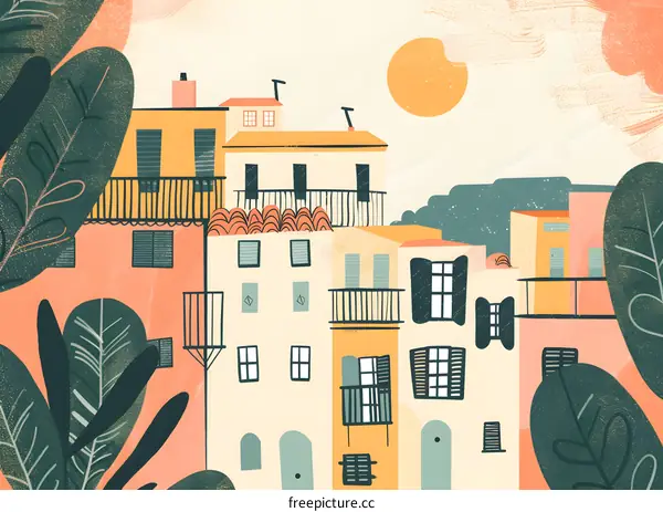 Summer Sunny Day Illustration with Colorful Houses and Green Leaves