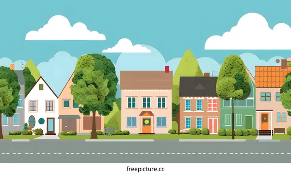Cartoon Illustration of a Suburban Neighborhood with Houses and Trees