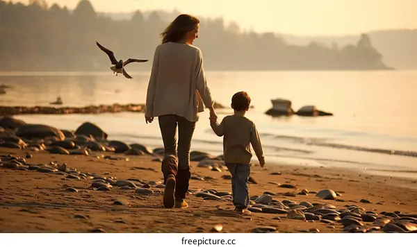 Mother and son walking on the beach