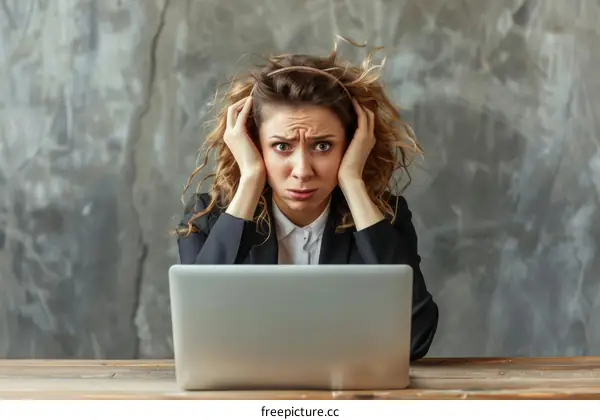Stressed young businesswoman sitting at her desk looking at laptop screen