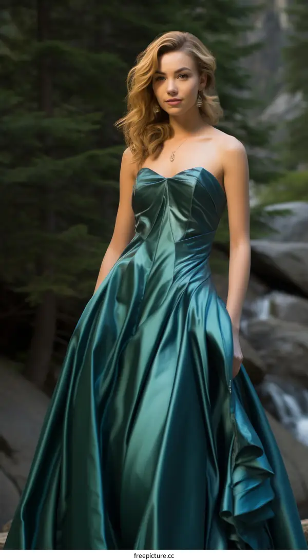 Woman wearing a green dress standing in a forest