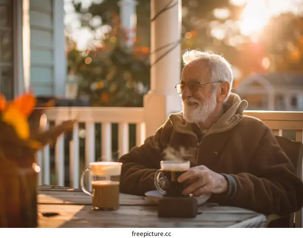 An elderly man is drinking coffee and relaxing on the porch