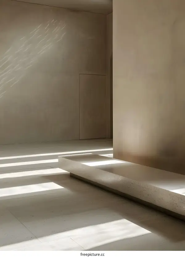 Minimalist Interior Design With Concrete Bench And Sunbeams