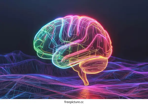 A digital illustration of a brain with a colorful neon glow.
