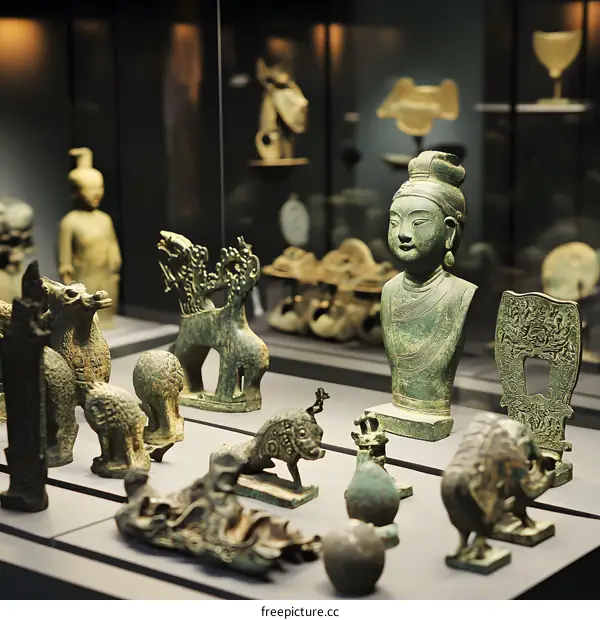 Ancient Bronze Statues Displayed in Museum Showcase