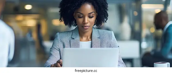 African American Woman Working on Laptop in Modern Office