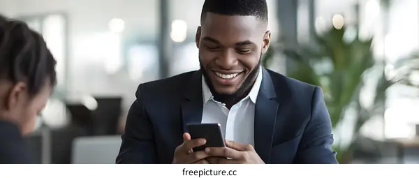 Smiling Businessman Using Smartphone in Office