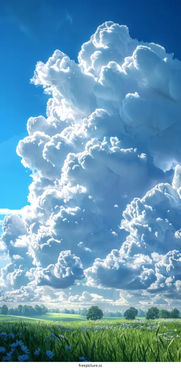Fluffy Clouds Over Lush Green Field