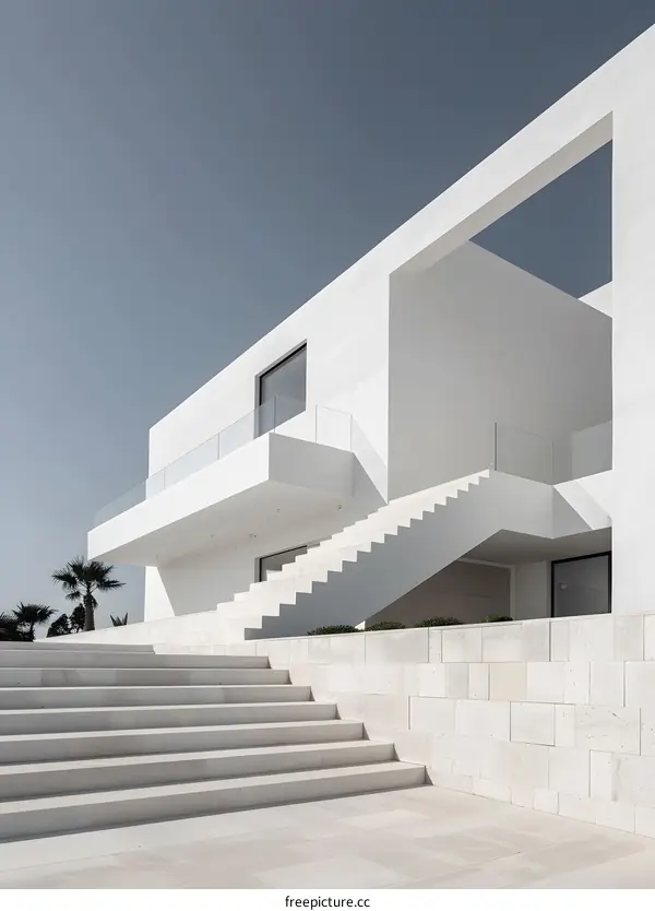 Modern White Villa with Staircase and Balcony