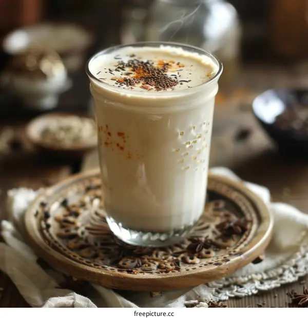 Glass of hot beverage with spices on a wooden plate
