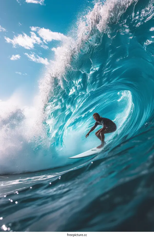 Surfer rides a big blue wave