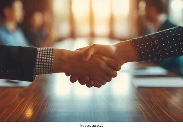 Business handshake agreement between colleagues in office