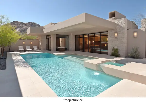 Modern Outdoor Swimming Pool Area Design with Mountain View