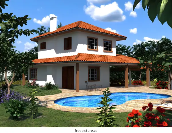 White House with Red Tile Roof and Swimming Pool
