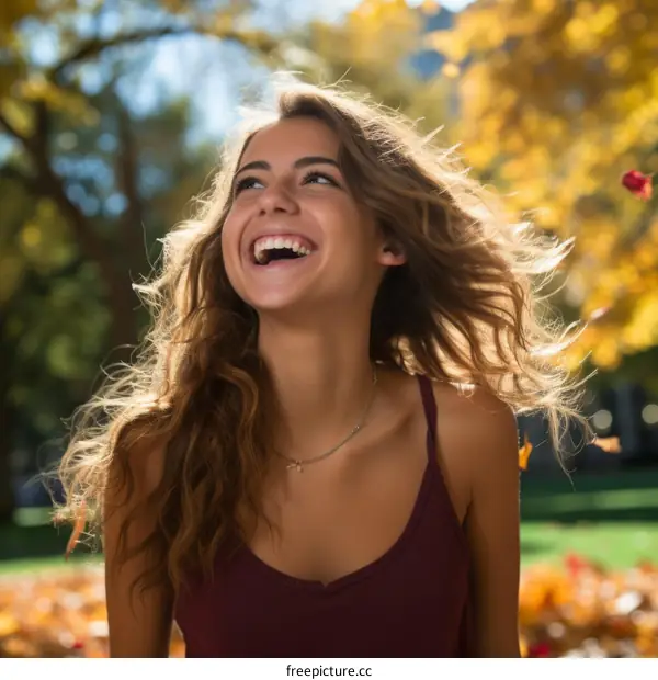 Laughing girl surrounded by falling leaves
