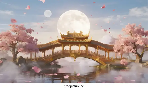 Golden Pavilion Bridge Over Calm Lake Under Full Moon