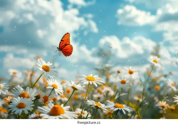 Orange butterfly on a field of daisies
