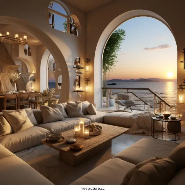 Modern Coastal Living Room with Sunset Sea View