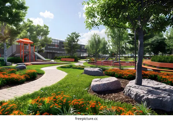 A park with a playground, benches, and a path