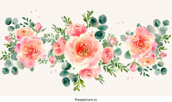 Watercolor Floral Arrangement With Pink Roses And Green Leaves