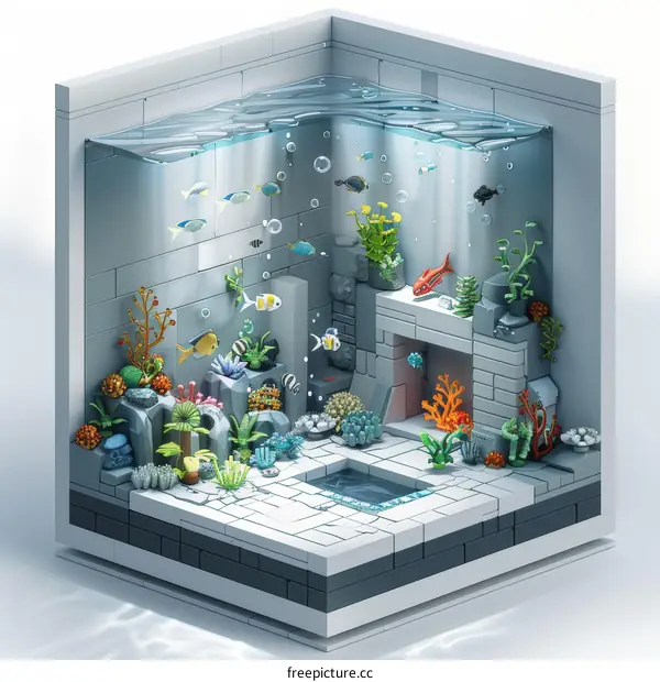 3D Render of Saltwater Aquarium with Fish and Coral